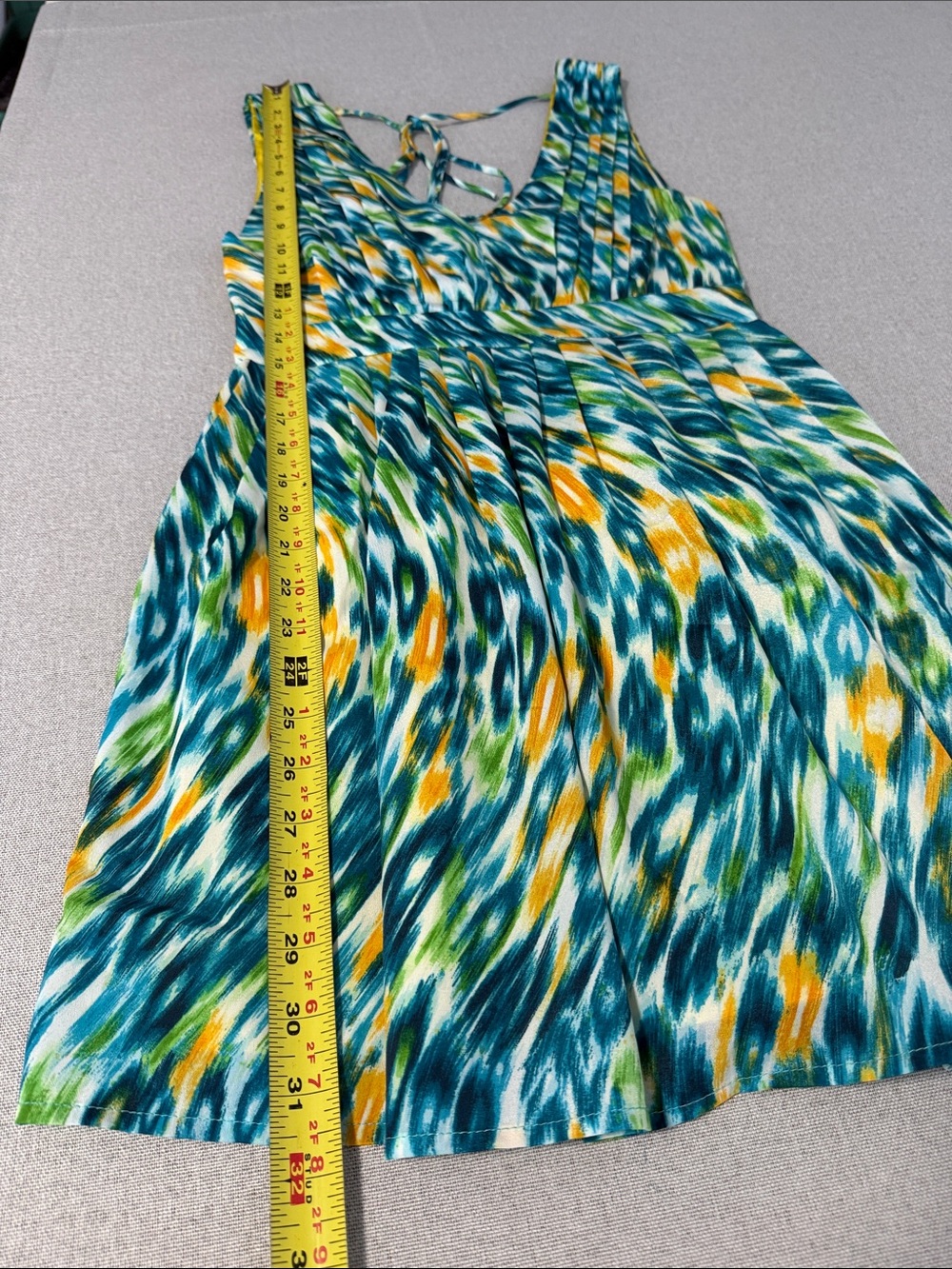 Runway Couture Sleeveless Teal & Yellow Printed V-Neck Dress SZS - Picture 10 of 15